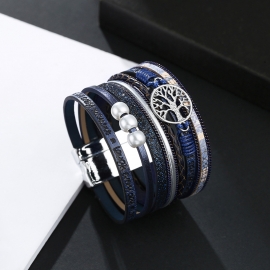 Amazon hot selling bohemian leather jewelry multilayer vintage tree of life pearl hand-woven magnetic clasp bracelet