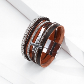 Cross-border bohemian ethnic style bracelet ladies jewelry chain diamond cross multilayer leather magnetic buckle bracelet