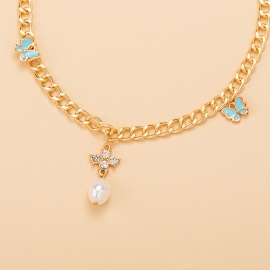 Japan and south korea cross-border hot style fashion all-match dripping butterfly diamond imitation pearl pendant necklace