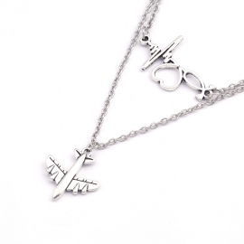 European and american cross-border hot-selling jewelry fashion retro style airplane hollow heart electrocardiogram pendant double necklace