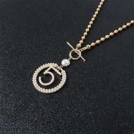 Fashion trendy classic ladies hollow ring number 5 pendant one word button round bead chain necklace