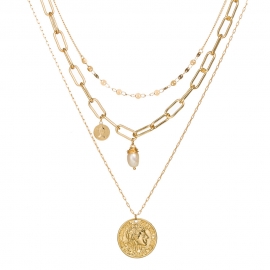 European and american ladies multi-layer necklace embossed portrait card neck natural freshwater pearl gold retro coin pendant wholesale