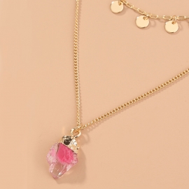 European and american necklace hot selling jewelry metal tassel round brand pink imitation natural stone lucky stone pendant multilayer necklace