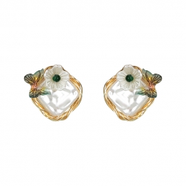 S925 silver needle hand-wound original baroque pearl earrings fresh and wild ins small butterfly flower earrings