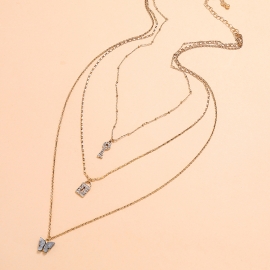 European and american fashion personality ins original design multi-layer necklace simple retro diamond key lock butterfly necklace