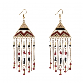 European and american new triangle earrings, long rice bead tassel earrings, bohemian folk style exaggerated earrings