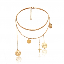 European and american cross-border jewelry, personalized wild round medal coin geometric necklace, retro irregular tassel pendant necklace