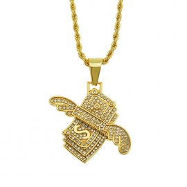 Fashion hip-hop trend mens diamond-studded wings dollar pendant necklace