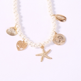 Cross-border boho style lady scallop starfish portrait embossed heart-shaped tree pendant string imitation pearl necklace