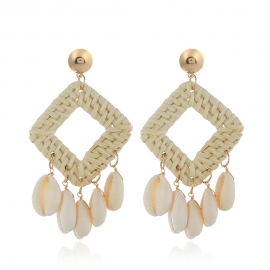 New european and american fashion products, ethnic style, exaggerated quadrilateral hollow rattan earrings, beach style shell earrings