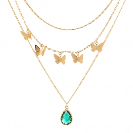 European and american ins wind butterfly metal three-dimensional sense elegant emerald drop cut face zircon pendant multi-layer necklace female