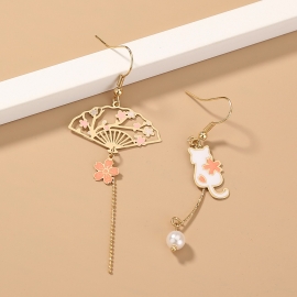 Chinese style cute small fresh long asymmetrical earrings, personalized retro fan-shaped niche design ladies earrings
