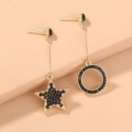 European and american foreign trade fashion jewelry inlaid with black diamonds, long stars, round asymmetrical temperament, retro personality stud earrings