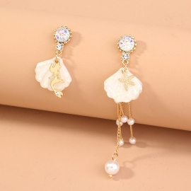 European and american cross-border personality jewelry starfish shell asymmetric long tassel colorful mermaid pearl chain earrings