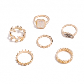 Retro exaggerated geometric diamond leaf crown set of 6 rings
