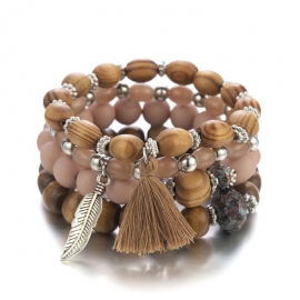 European and american popular creative leaf bracelet retro wooden beads acrylic beaded multi-layer elastic bracelet cross-border