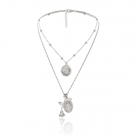 European and american cross-border jewelry, retro geometric round card necklace, simple multi-layer three-dimensional rose jesus pendant necklace