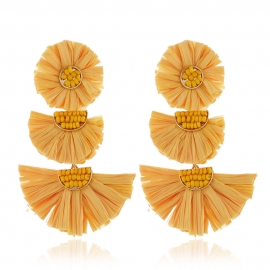 New amazon hot sale three-layer raffia fringed earrings european and american style exaggerated handmade rice bead beaded earrings