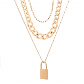 Foreign trade amazon explosion models exaggerated street photography thick lattice chain jewelry, diamond multi-layered metal lock necklace