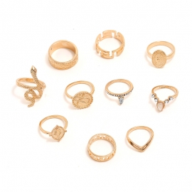 European and american cross-border new joint ring hot-selling retro exaggerated geometric serpentine combination 10 piece set ring