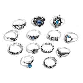 European and american retro carved heart-shaped flowers 13-piece combination ring diamond crown set ring combination wholesale