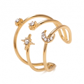 European and american fashion personality exaggerated diamond three-layer alloy ring retro niche design temperament star moon ring