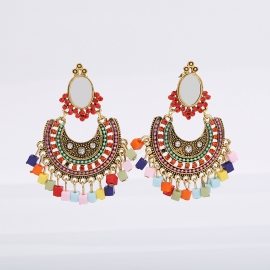 Cross-border fashion atmospheric earrings retro ethnic style diamond color pendant small square earrings