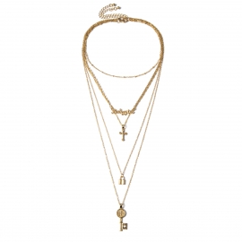 European and american cross-border jewelry retro lock-shaped jesus multi-layered necklace female temperament embossed letter creative key necklace