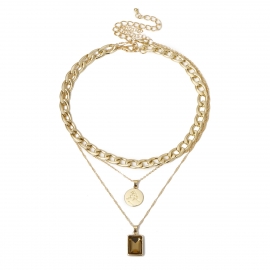 European and american cross-border jewelry, mix and match hollow thick chain set item, personalized portrait outline square gem necklace