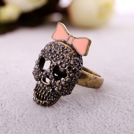 Retro personality diamond skull pink bow ladies ring ring european and american fashion
