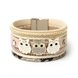 European and american fashion diamond magnetic buckle bracelet creative owl decoration bohemian ladies bracelet cross-border leather bracelet