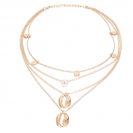 Cross-border hot-selling in europe and america, personalized retro alloy shell love imitation pearl pendant multi-layer necklace