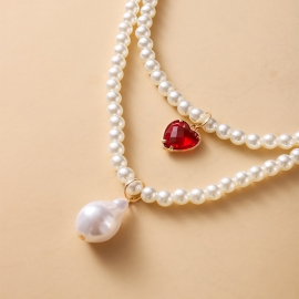 Fashionable temperament and elegant style love shaped imitation pearl pendant string imitation pearl chain double necklace