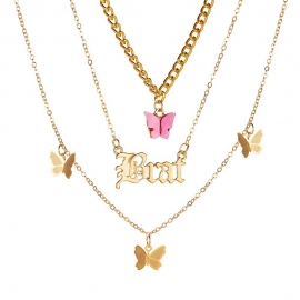 Fashion small fresh all-match style ladies butterfly letter pendant multilayer necklace