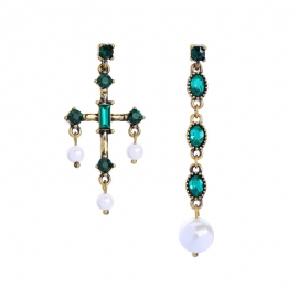 Vintage crystal pearl cross asymmetrical earrings personality european and american fashion earrings