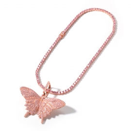 European and american explosion models ins fashion pink zircon butterfly pendant copper necklace female temperament sweater chain hip hop accessories