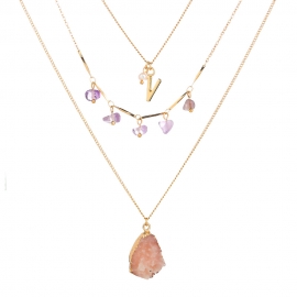 European and american letter v elegant necklace, beach vacation, retro clan style, purple imitation natural stone droplet multi-layer necklace