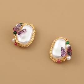 Retro wild cover earlobe purple resin butterfly earrings pure white shaped imitation baroque pearl stud earrings