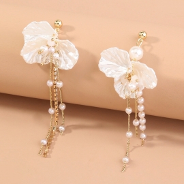 European and american foreign trade ins wind earrings temperament design shell petals pearl diamond chain long tassel earrings