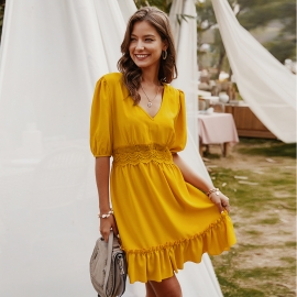 Original design european and american womens clothing amazon solid color v-neck spring and summer five-point sleeve sexy dress