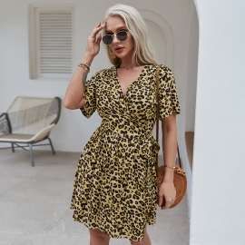 Kaikuo womens clothing design european station leopard print sexy temperament north american summer wrap chest short dress