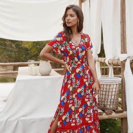 Independent real shot european and american cross-border independent station womens summer new products ins net red print dress