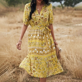 Independent research and development of cross-border independent station bohemia v-neck a-line dress summer aliexpress leisure vacation