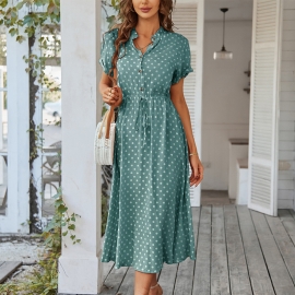 Independent research and development and design of european station polka dot dress xia new product mori womens all-match shirt collar big swing skirt