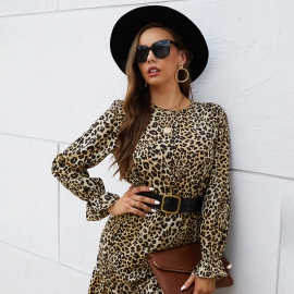 Independent research and development design american station amazon dress autumn and winter leopard print long-sleeved one-step skirt leisure vacation