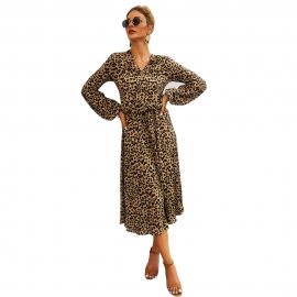 Independent real shot cross-border spring and summer womens new amazon leopard print long-sleeved mid-length dress one piece on behalf of the hair