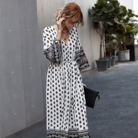 Cross-border autumn new womens print v-neck bohemian waistband contrast color stitching new dress