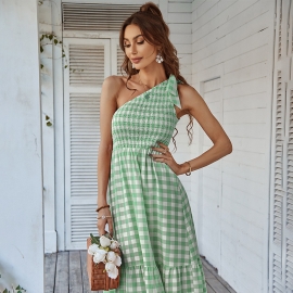 European station plaid dress womens summer amazon new waistcoat temperament large swing skirt casual holiday style