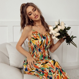 Independent research and development design european and american independent station leisure vacation printing dress summer v-neck suspenders