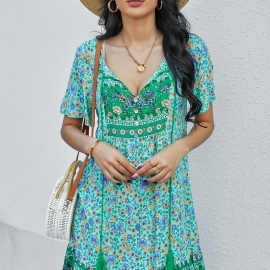 Independent research and development design european and american independent station bohemian loose dress summer short-sleeved sexy skirt